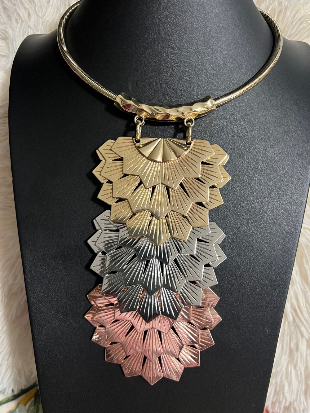 Layered Tri-Tone Geometric Pendant Necklace - Gold, Silver & Rose